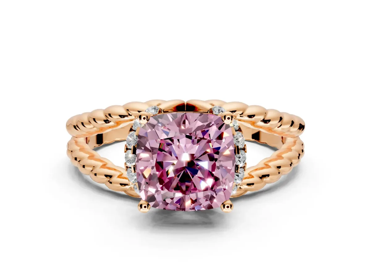 Halo Engagement Ring Setting for Fancy Pink Cushion Cut Center with Rope Twist Split Shank and Prong Head in Rose Gold