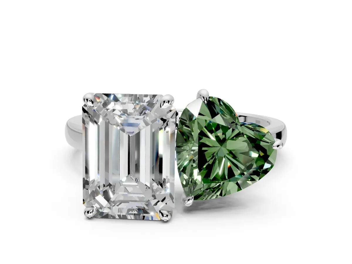 Fancy Green Heart-Shaped and Emerald Cut Lab-Grown Diamond Toi et Moi Engagement Ring with Prong-Set Stones in Platinum