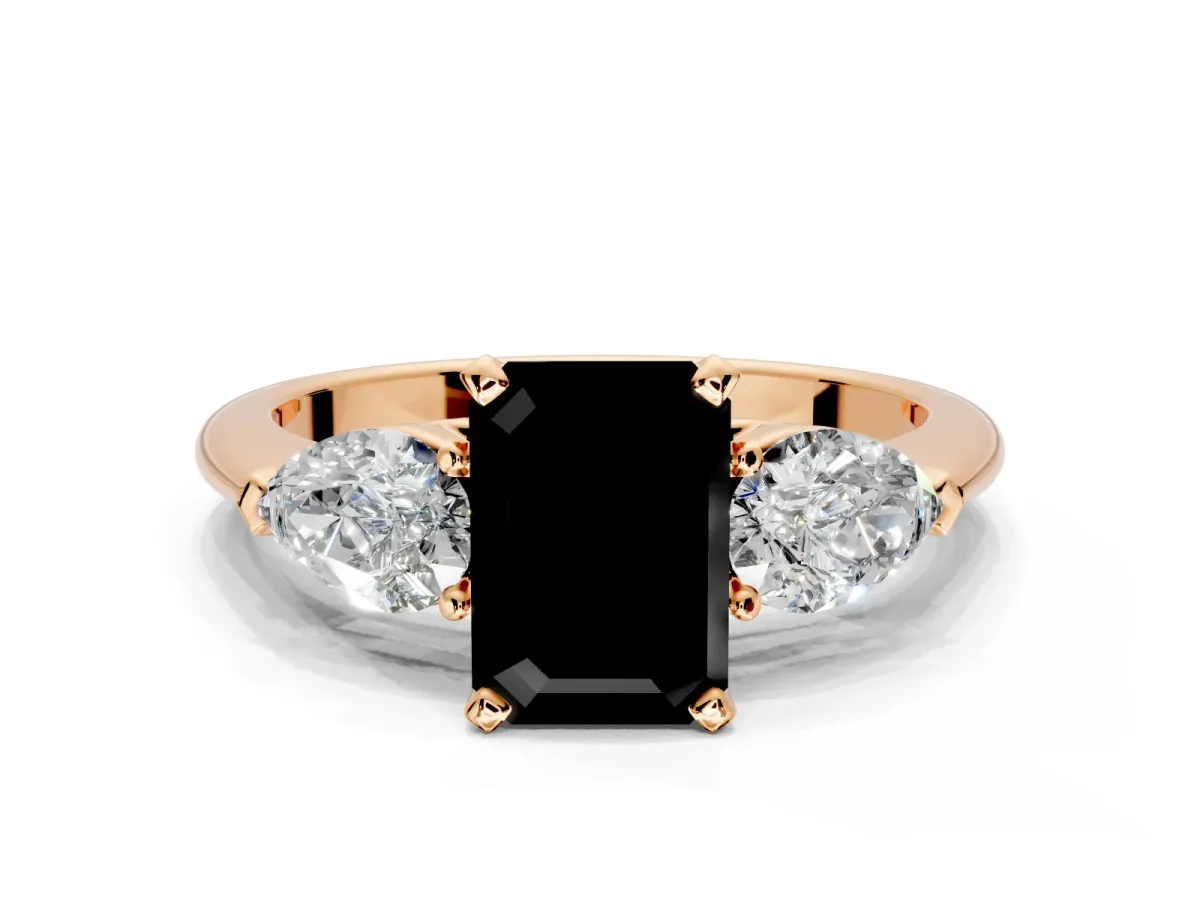 3 Stone Engagement Ring Setting for Fancy Black Emerald Cut Center with Large Pear-Shaped Accents and Prong Head in Rose Gold