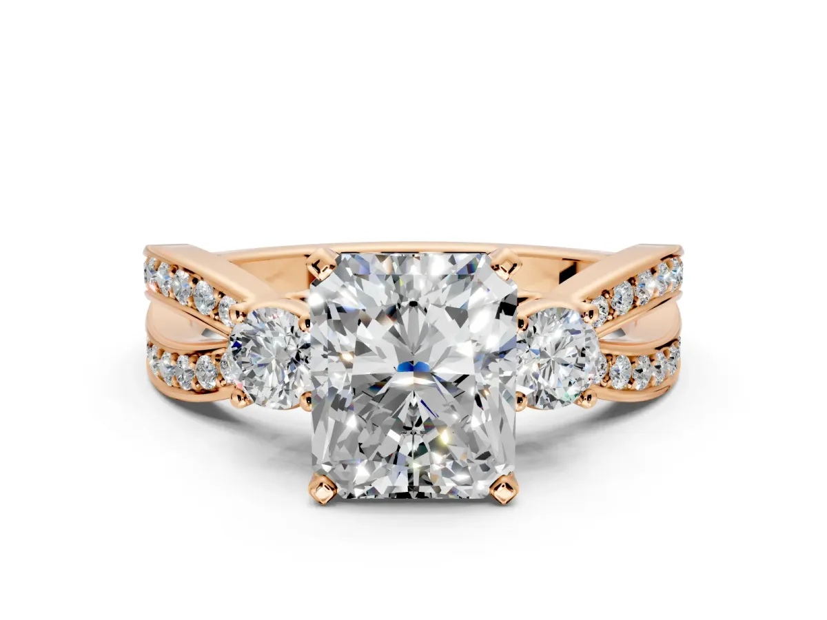 3 Stone Engagement Ring Setting for Radiant Cut Center with Pave Twist Band and Prong Head in Rose Gold