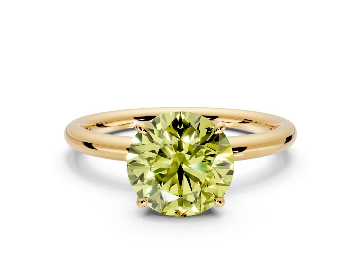 Hidden Halo Engagement Ring Setting for Fancy Yellow Round Cut Center with Thin Rounded Band and Prong Head in Yellow Gold