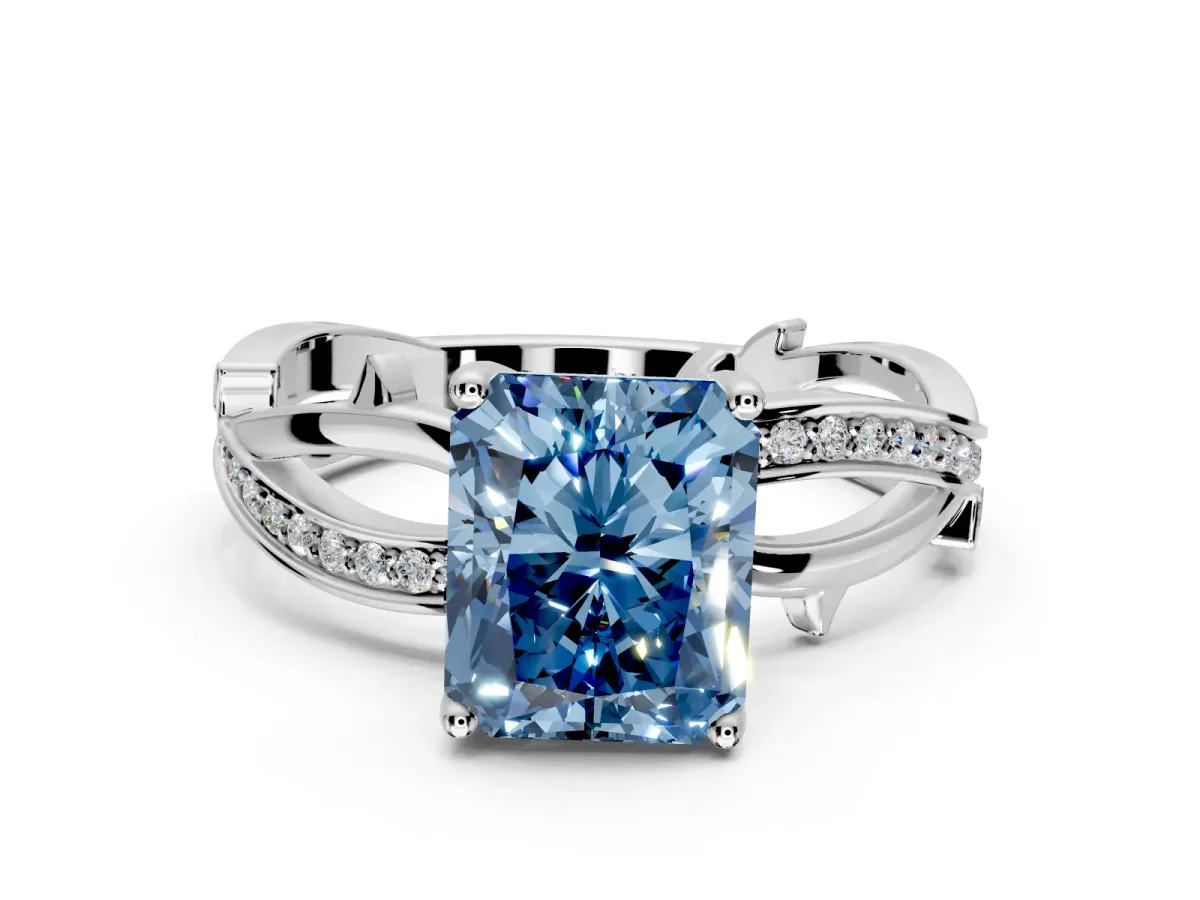 Solitaire Engagement Ring Setting for Fancy Blue Radiant Cut Center with Pave and Plain Crossover Band and Prong Head in Sterling Silver