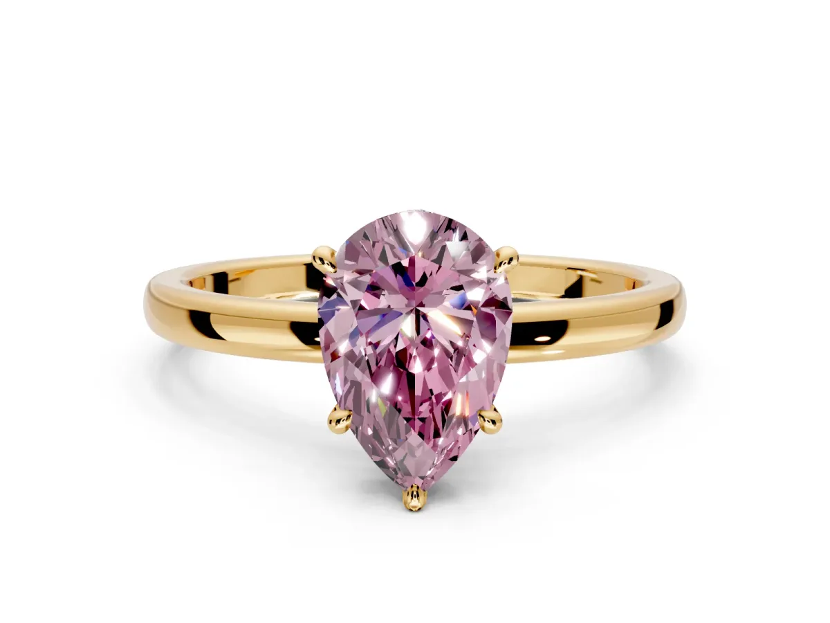 Hidden Halo Engagement Ring Setting for Fancy Pink Pear-Shaped Center with Plain Band and Tall Prong Head in Yellow Gold