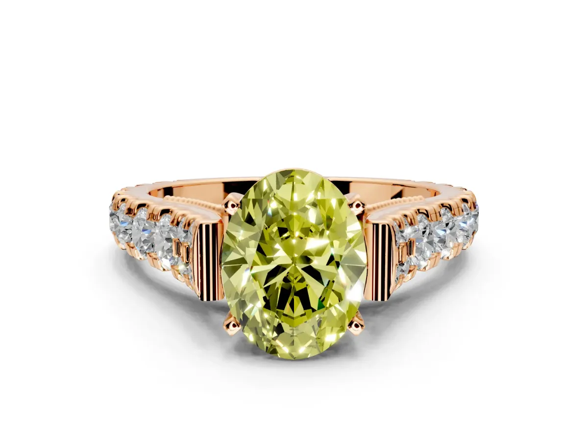 Solitaire Engagement Ring Setting for Fancy Yellow Oval Center with Pave Cathedral Shoulders and Prong Head in Rose Gold