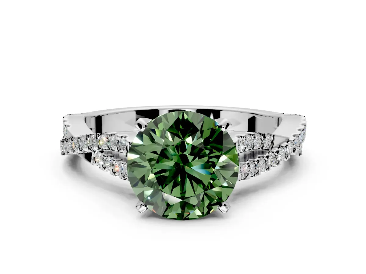 Solitaire Engagement Ring Setting for Fancy Green Round Cut Center with Twisted Pave Split Shank and Prong Head in Sterling Silver