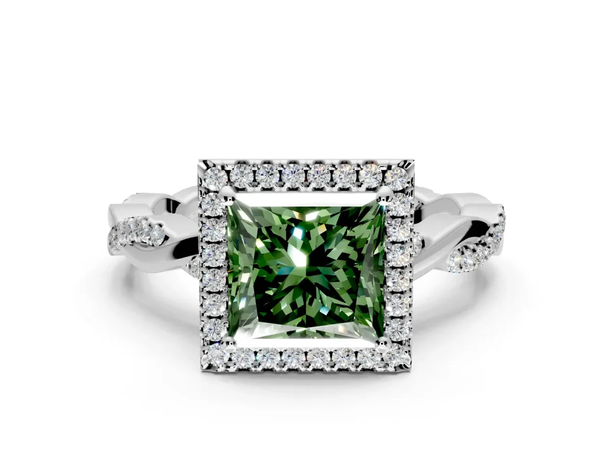 Halo Engagement Ring Setting for Fancy Green Princess Cut Center with Pave and Plain Twist Band and Prong Head in Sterling Silver