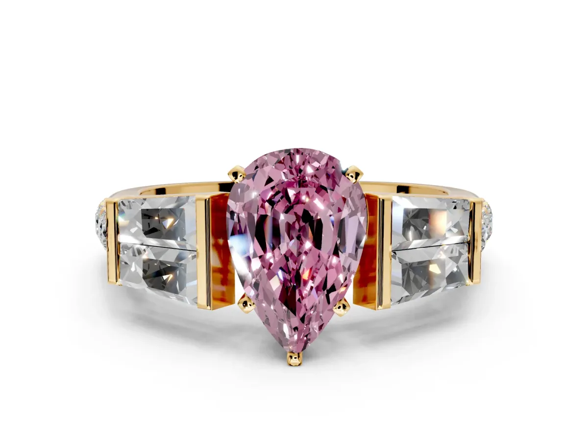 Channel-Set Engagement Ring Setting for Fancy Pink Pear-Shaped Center with Baguette Band and Prong Head in Yellow Gold