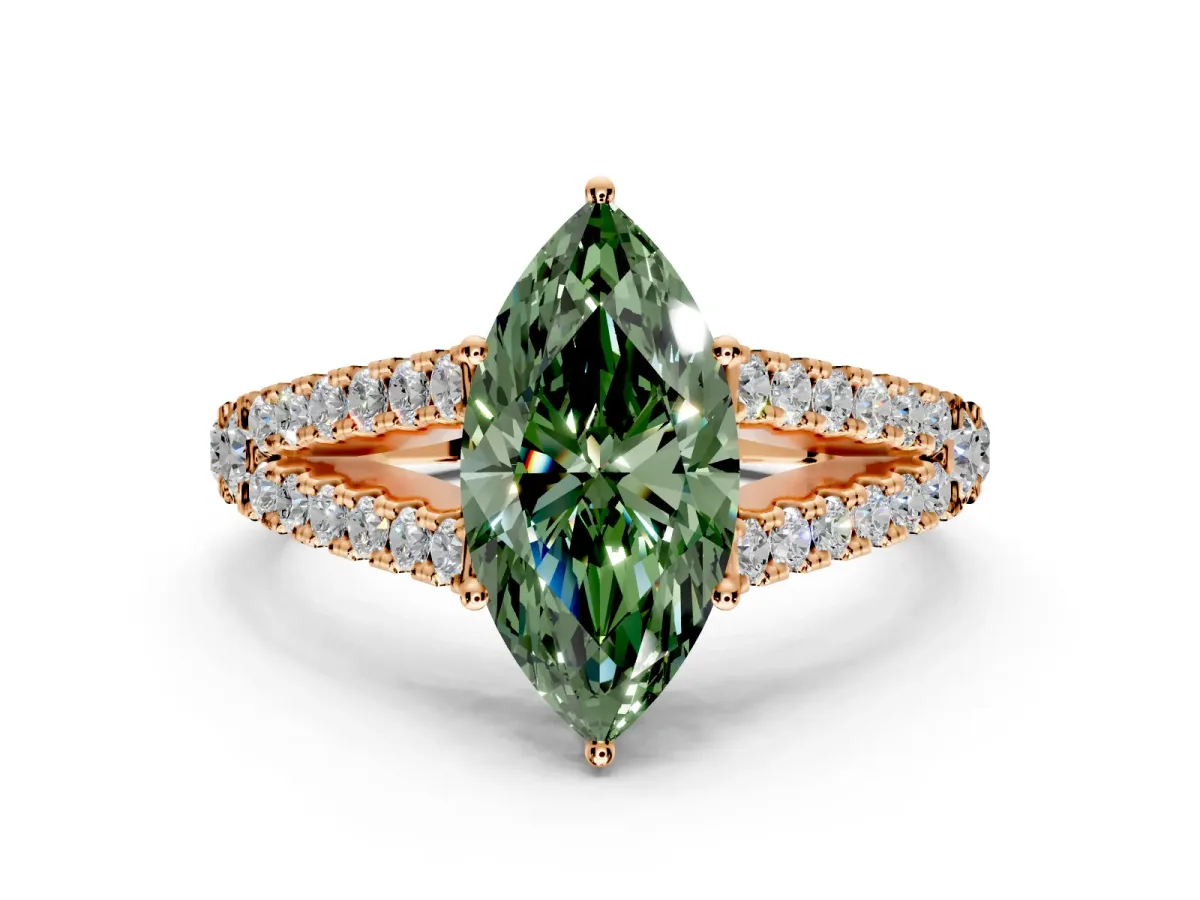 Solitaire Engagement Ring Setting for Fancy Green Marquise Center with Pave Split Shank and Prong Head in Rose Gold