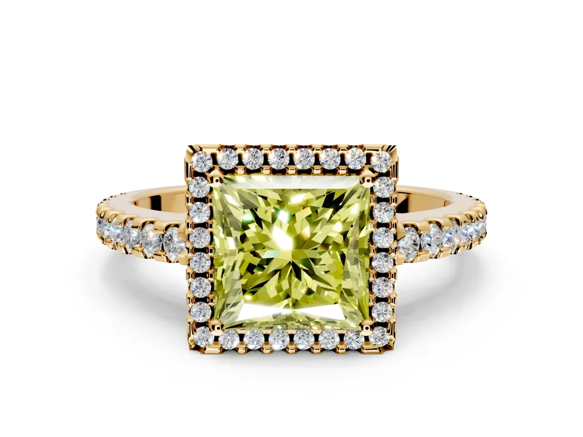 Accent Halo Engagement Ring Setting for Fancy Yellow Princess Cut Center with Full-Length Pave Band and Prong Head in Yellow Gold