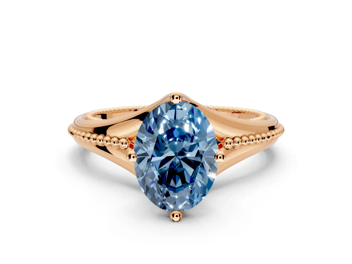 Solitaire Engagement Ring Setting for Fancy Blue Oval Center with Milgrain Cathedral Band and Prong Head in Rose Gold