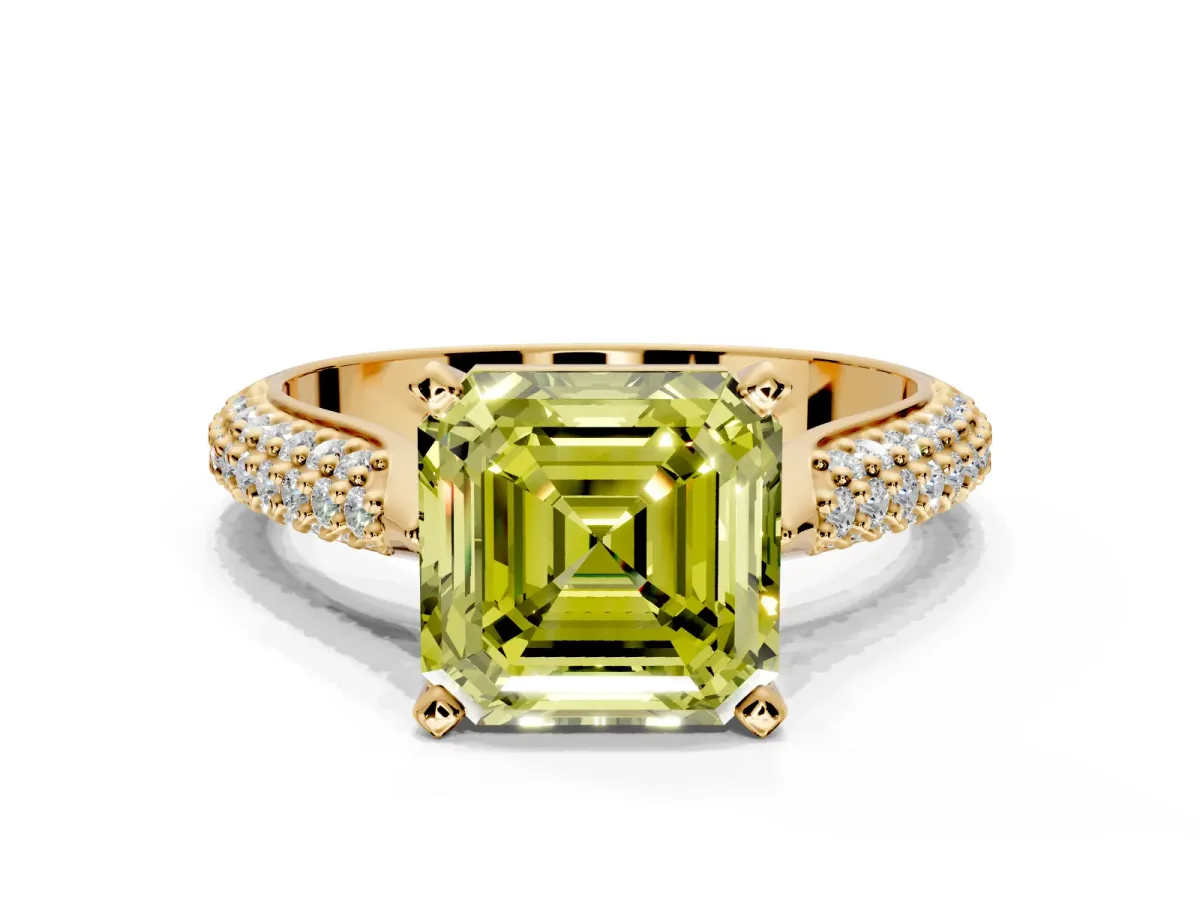 Solitaire Engagement Ring Setting for Fancy Yellow Asscher Cut Center with Multi-Row Accents and Prong Head in Yellow Gold
