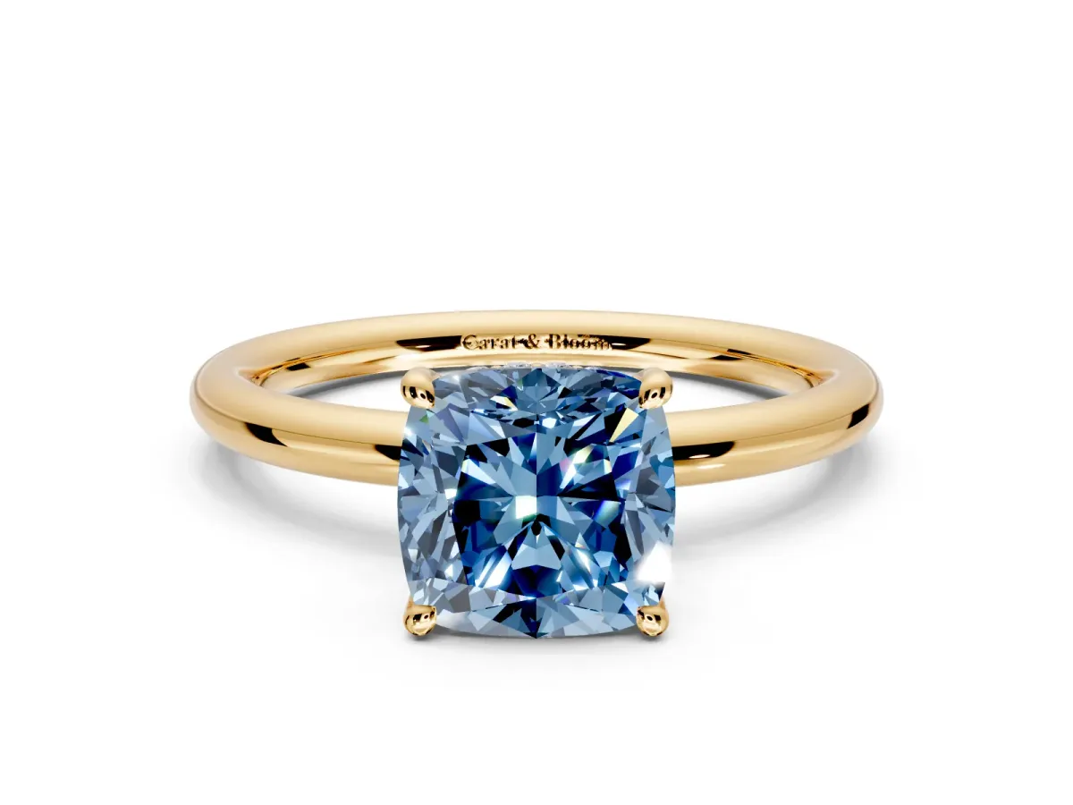 Hidden Halo Engagement Ring Setting for Fancy Blue Cushion Cut Center with Thin Rounded Band and Prong Head in Yellow Gold