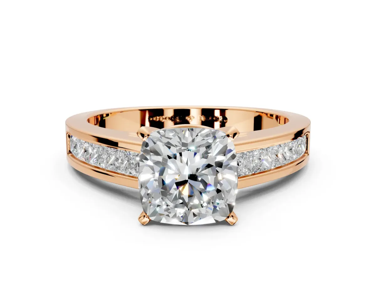Solitaire Engagement Ring Setting for Cushion Cut Center with Princess Cut Channel Band and Prong Head in Rose Gold
