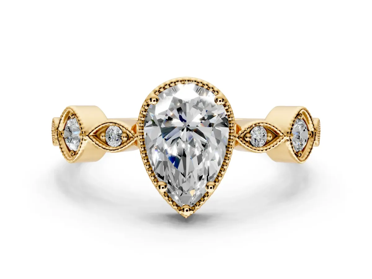 Vintage Station Engagement Ring Setting for Pear-Shaped Center with Accents and Prong Head in Yellow Gold
