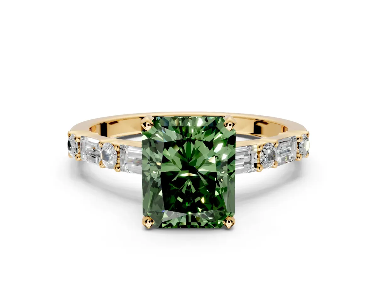 Baguette Engagement Ring Setting for Fancy Green Radiant Cut Center with Alternating Bar-Set Band and Prong Head in Yellow Gold