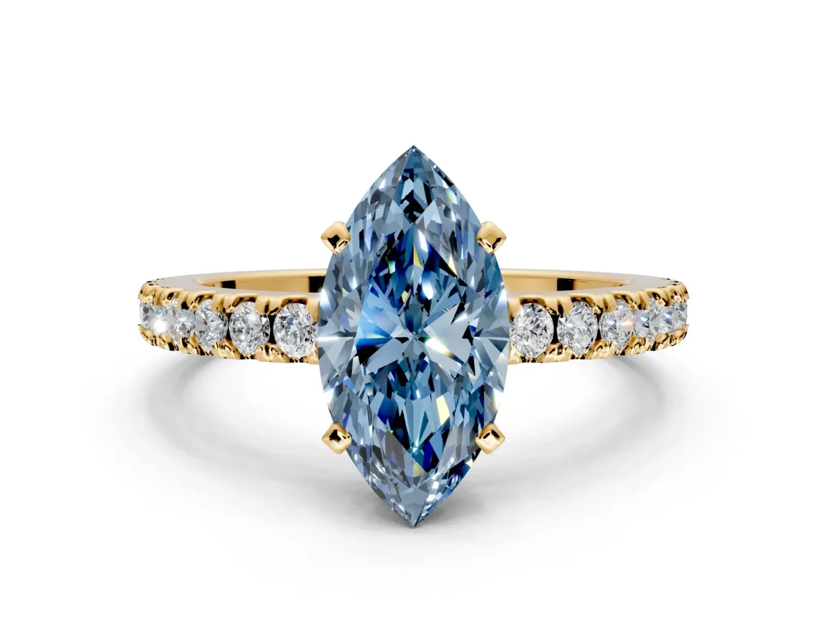Solitaire Engagement Ring Setting for Fancy Blue Marquise Center with Single Row Accent Band and Prong Head in Yellow Gold