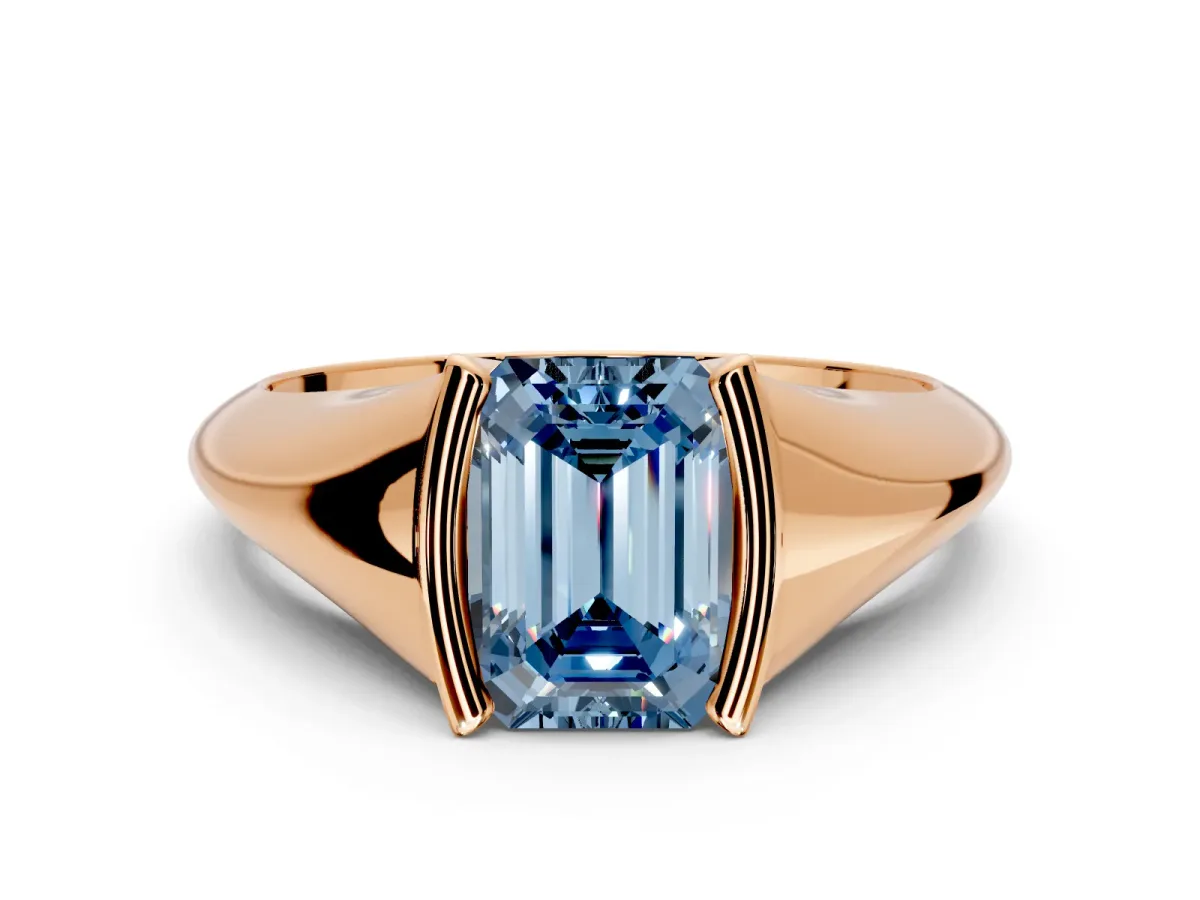 Tension Engagement Ring Setting for Fancy Blue Emerald Cut Center with Wide Tapered Band and Tension Head in Rose Gold