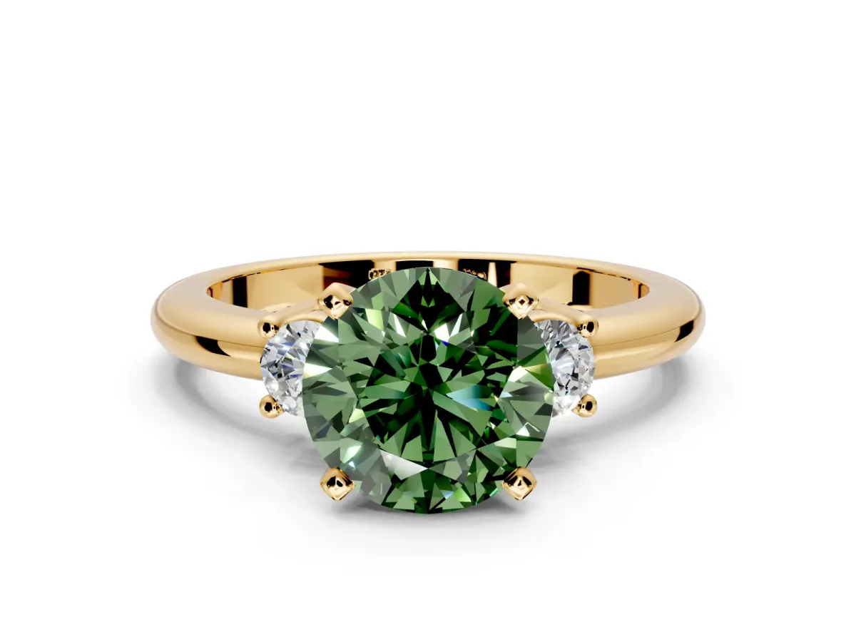 3 Stone Engagement Ring Setting for Fancy Green Round Cut Center with Wide Plain Band and Prong Head in Yellow Gold