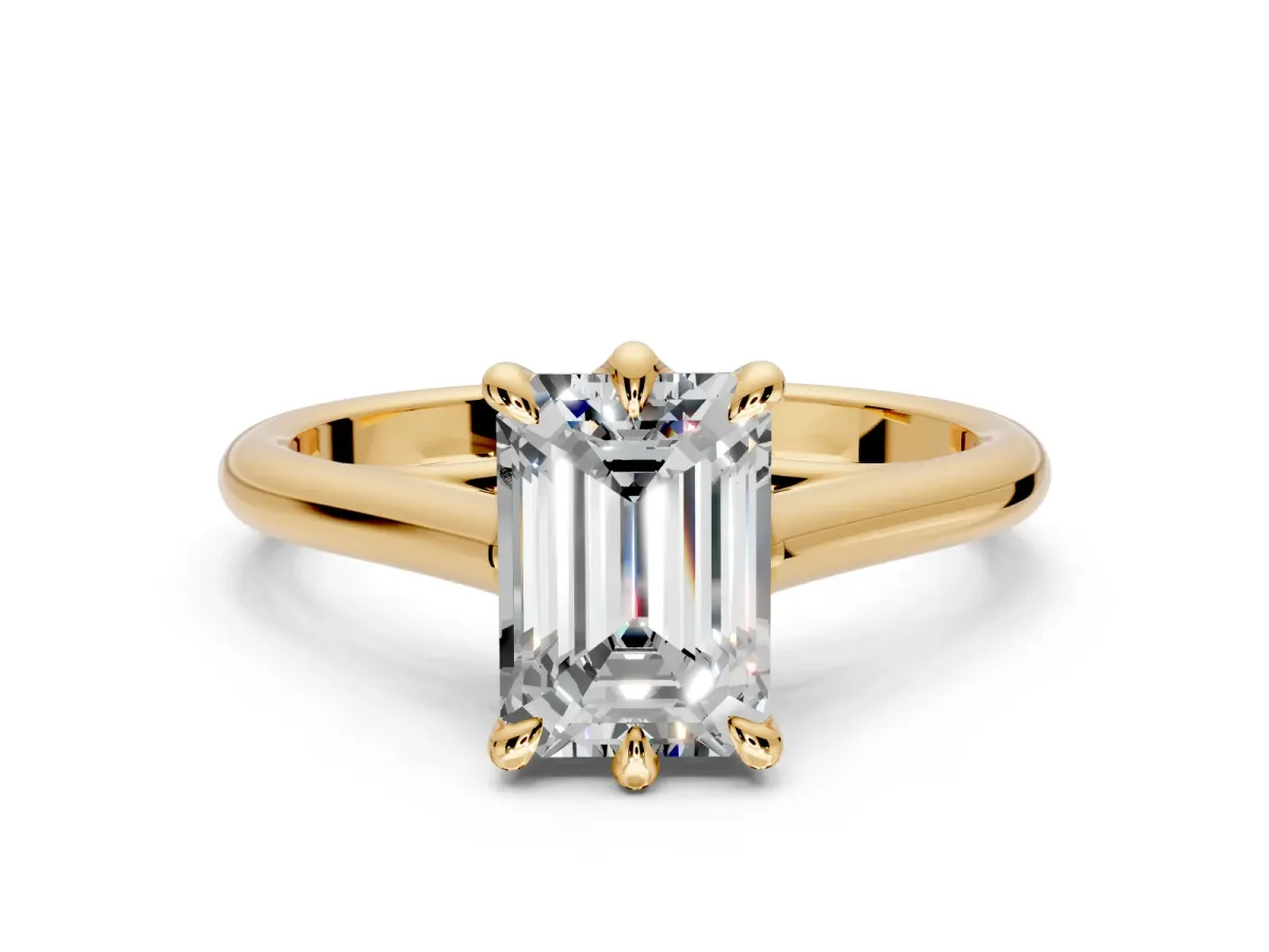 Solitaire Engagement Ring Setting for Emerald Cut Center with Cathedral Band and Prong Head in Yellow Gold