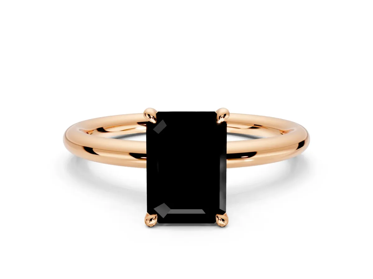 Hidden Halo Engagement Ring Setting for Fancy Black Emerald Cut Center with Thin Rounded Band and Prong Head in Rose Gold