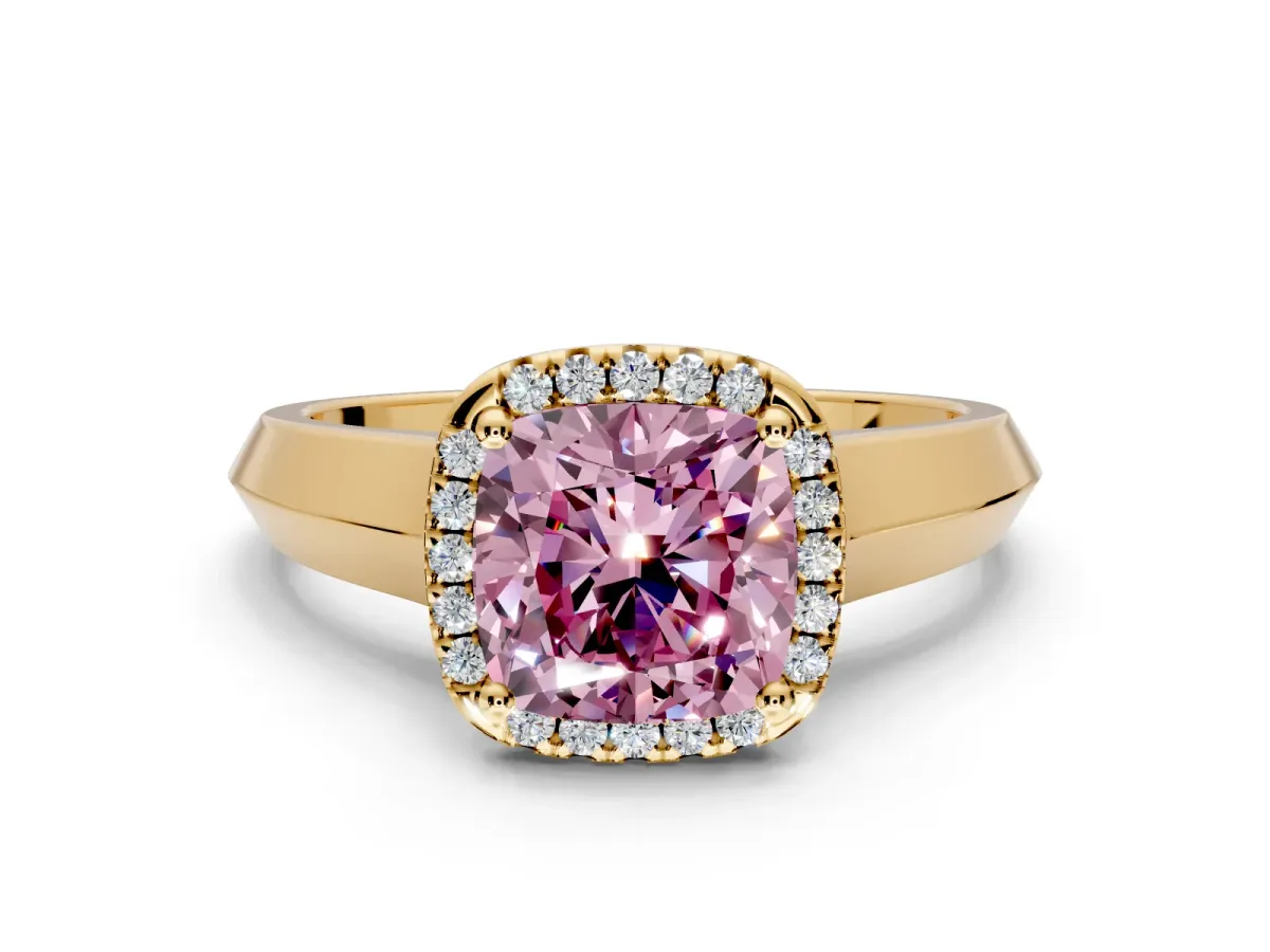 Halo Engagement Ring Setting for Fancy Pink Cushion Cut Center with Knife Ridge Cathedral Band and Prong Head in Yellow Gold