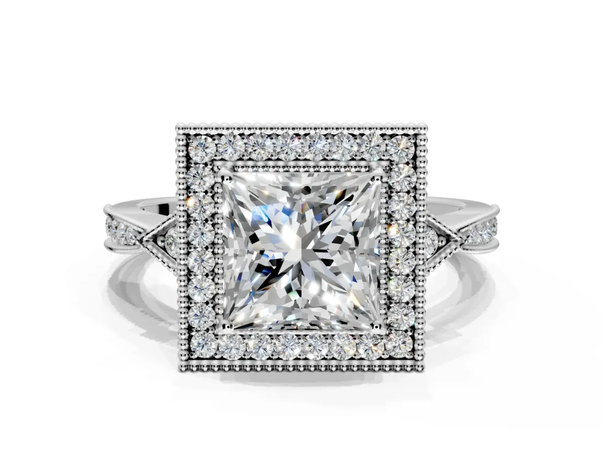 Halo Engagement Ring Setting for Princess Cut Center with Milgrain Rim, Pave Band and Prong Head in White Gold