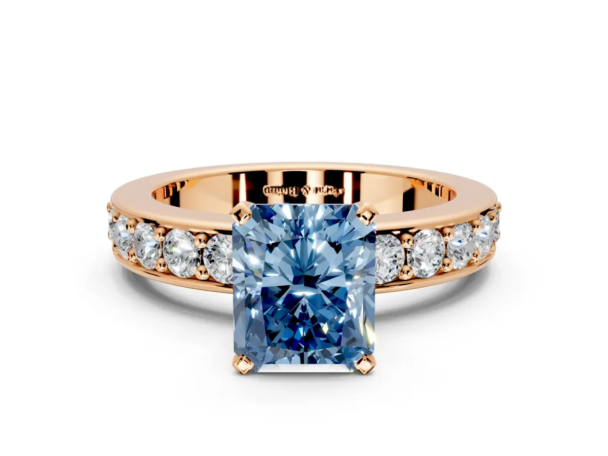 Solitaire Engagement Ring Setting for Fancy Blue Radiant Cut Center with Channel-Set Accents and Prong Head in Rose Gold