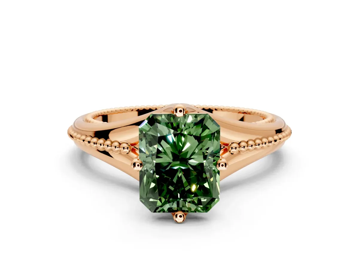 Solitaire Engagement Ring Setting for Fancy Green Radiant Cut Center with Milgrain Cathedral Band and Prong Head in Rose Gold