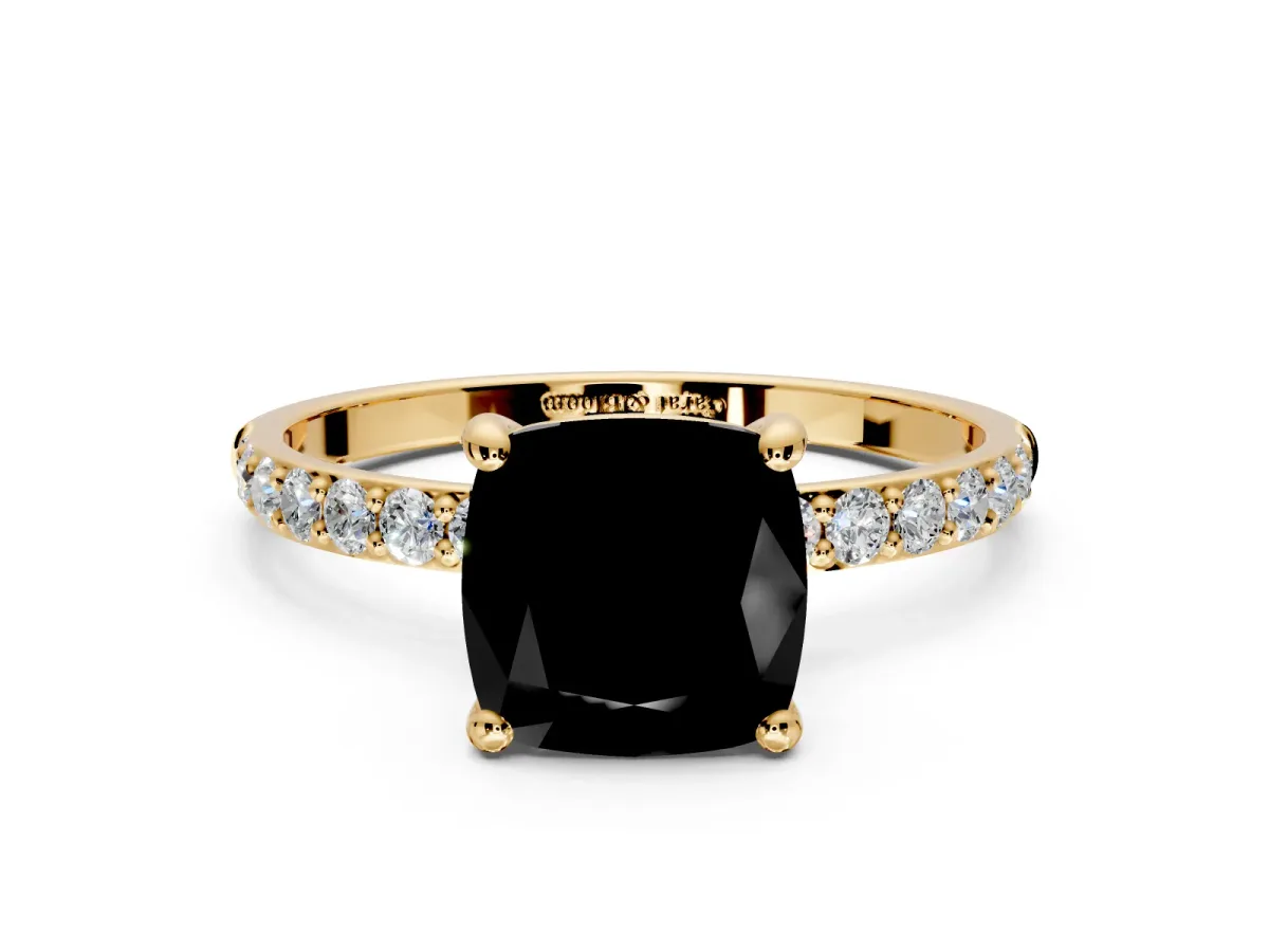 Solitaire Engagement Ring Setting for Fancy Black Cushion Cut Center with Pave Accents and Prong Head in Yellow Gold