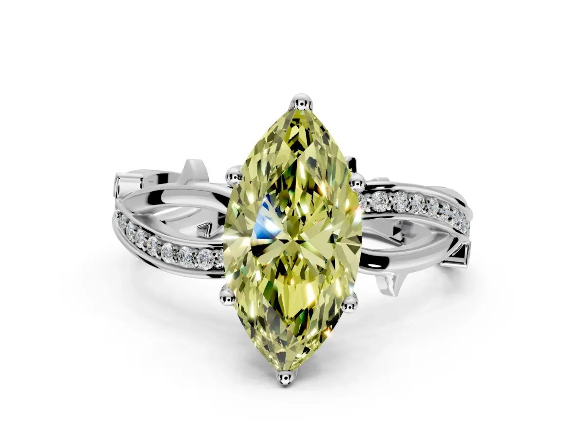Solitaire Engagement Ring Setting for Fancy Yellow Marquise Center with Pave and Plain Crossover Band and Prong Head in Platinum