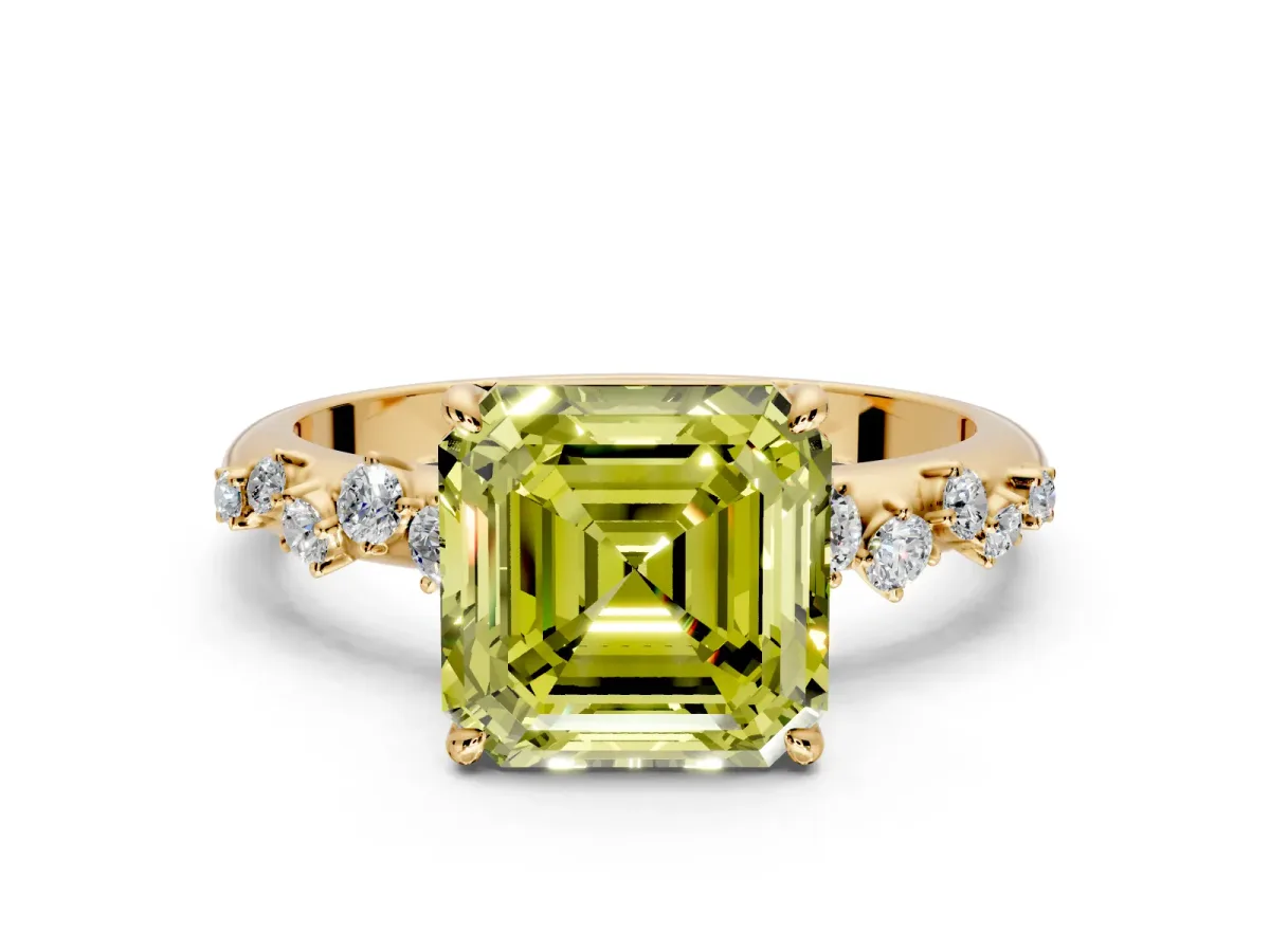 Cluster Engagement Ring Setting for Fancy Yellow Asscher Cut Center with Round Cut Accent Band and Prong Head in Yellow Gold