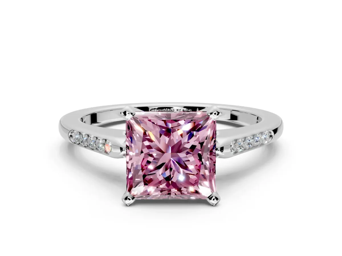 Solitaire Engagement Ring Setting for Fancy Pink Princess Cut Center with Channel Accents and Prong Head in White Gold