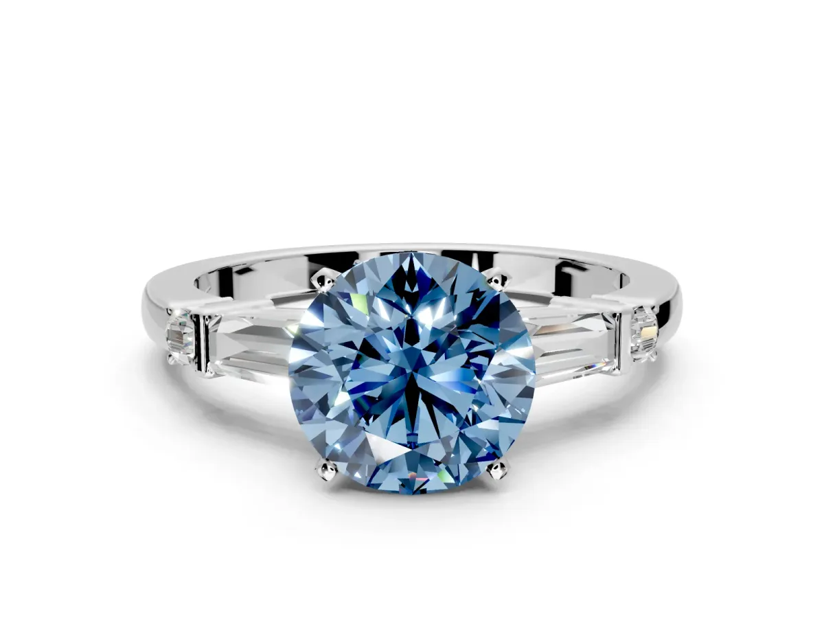 Bar-Set Engagement Ring Setting for Fancy Blue Round Cut Center with Tapered Baguette Accents and Prong Head in White Gold