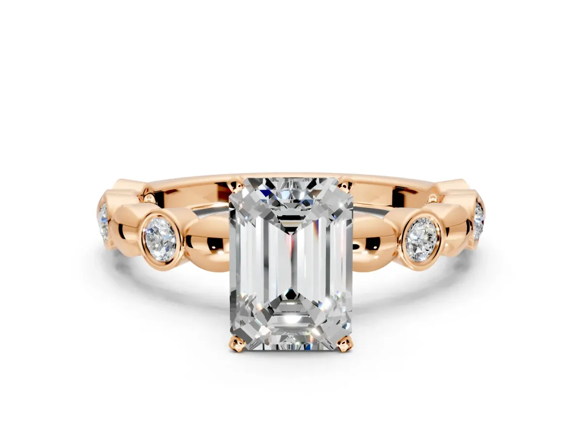 Solitaire Engagement Ring Setting for Emerald Cut Center with Beaded Bezel Station Band and Prong Head in Rose Gold