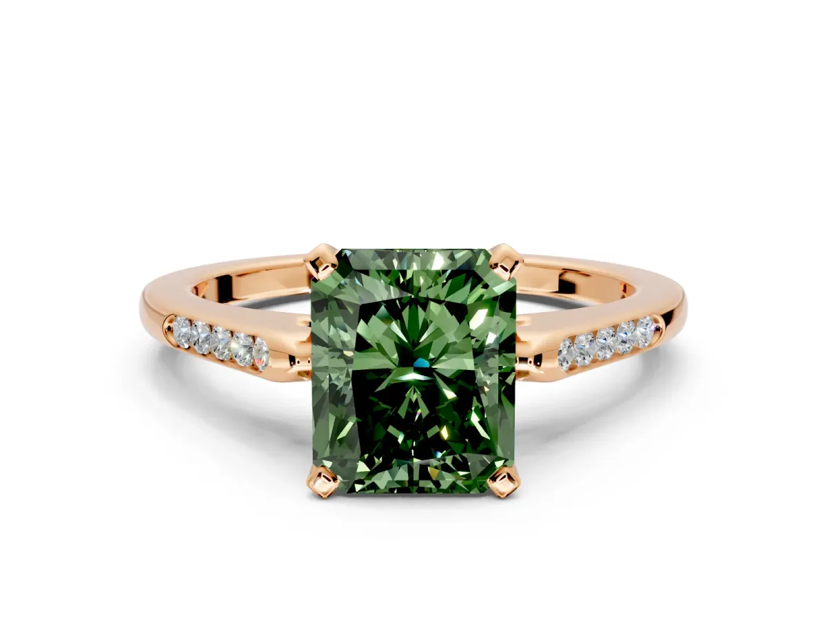 Solitaire Engagement Ring Setting for Fancy Green Radiant Cut Center with Channel Accents and Prong Head in Rose Gold