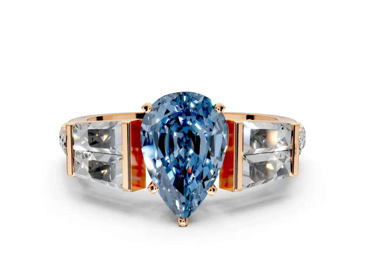 Channel-Set Engagement Ring Setting for Fancy Blue Pear-Shaped Center with Baguette Band and Prong Head in Rose Gold
