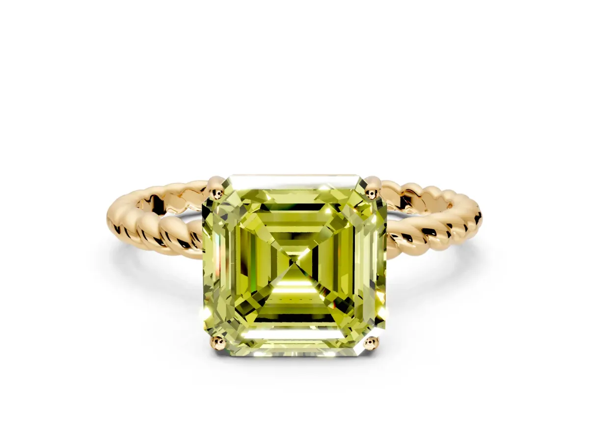 Solitaire Engagement Ring Setting for Fancy Yellow Asscher Cut Center with Plain Twisted Rope Band and Prong Head in Yellow Gold