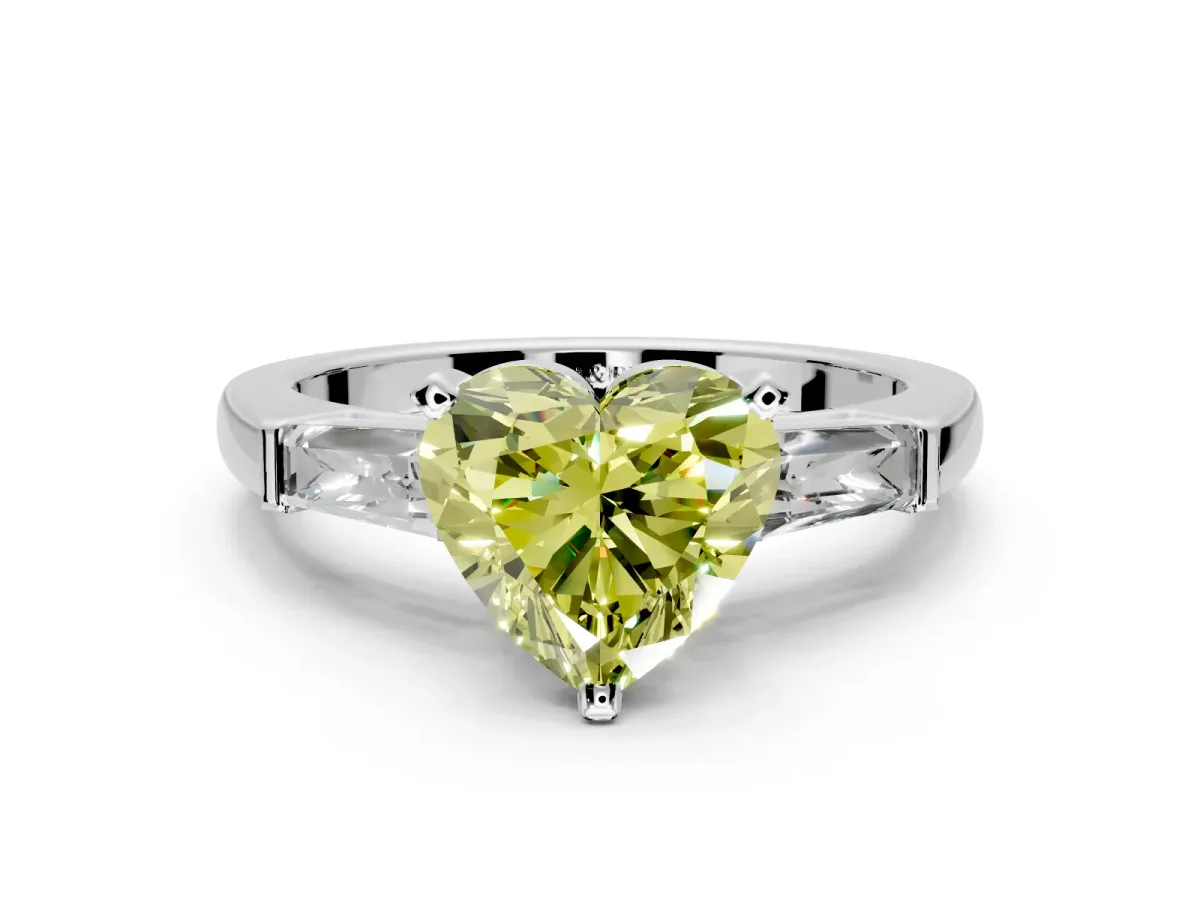 3 Stone Engagement Ring Setting for Fancy Yellow Heart-Shaped Center with Tapered Baguettes, Plain Band and Prong Head in Platinum