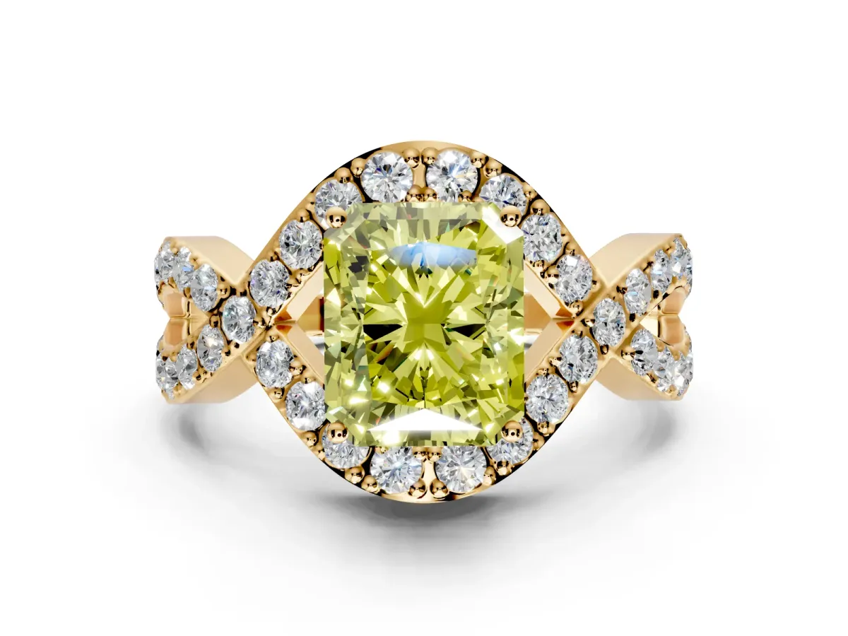 Halo Engagement Ring Setting for Fancy Yellow Radiant Cut Center with Pave Infinity Twist Band and Prong Head in Yellow Gold