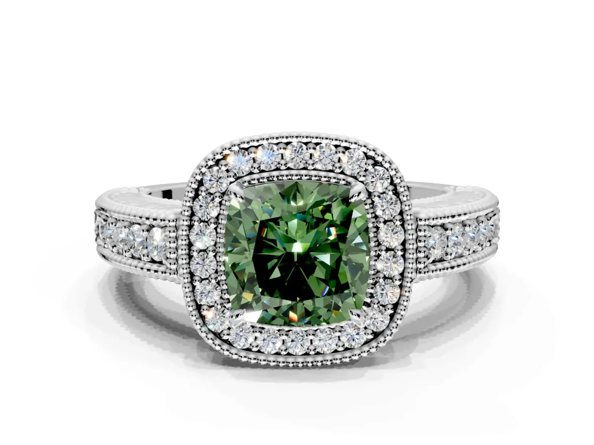 Milgrain Halo Engagement Ring Setting for Fancy Green Cushion Cut Center with Pave Band and Prong Head in Platinum