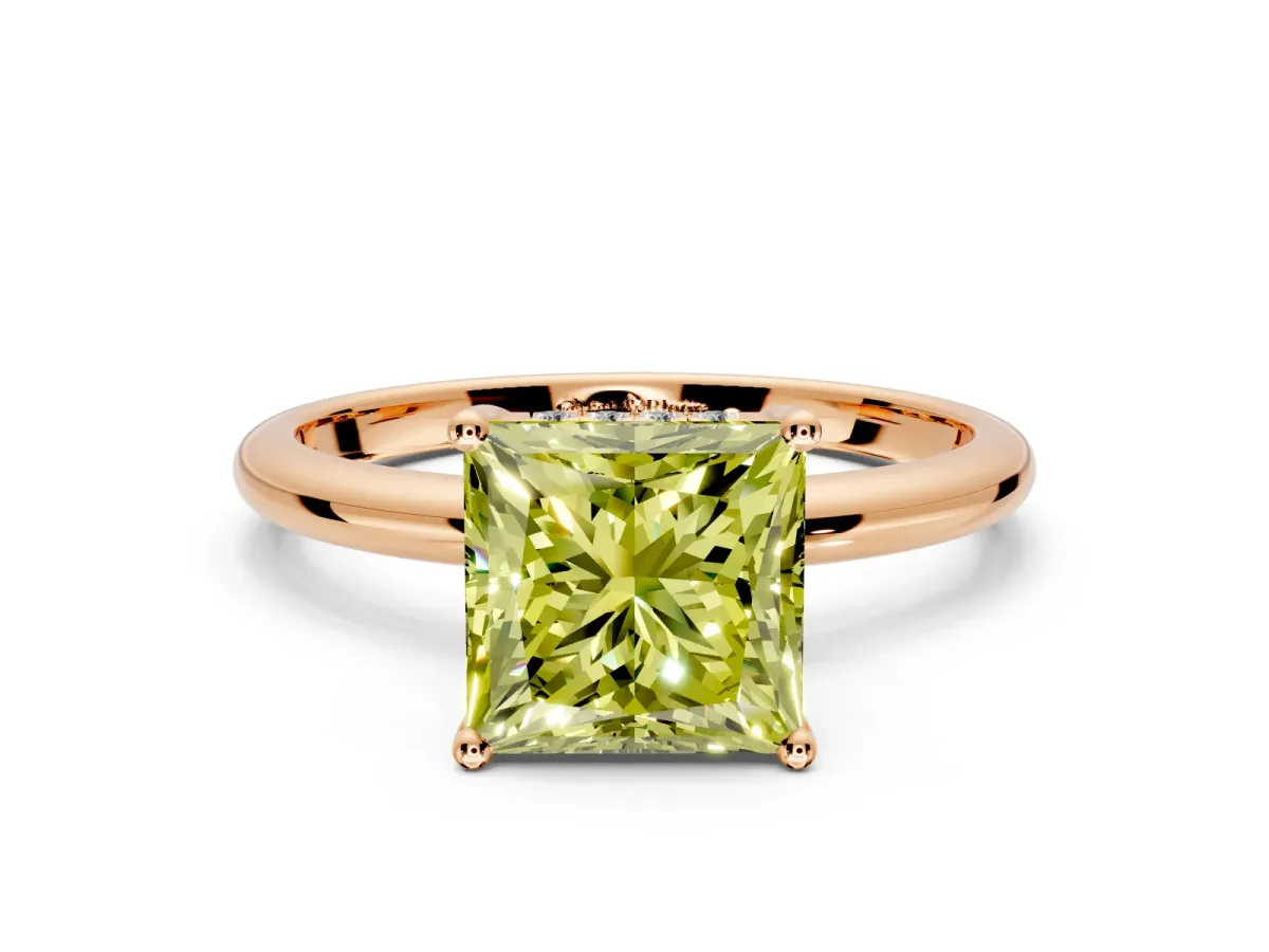 Hidden Halo Engagement Ring Setting for Fancy Yellow Princess Cut Center with Thin Round-Wire Band and Prong Head in Rose Gold