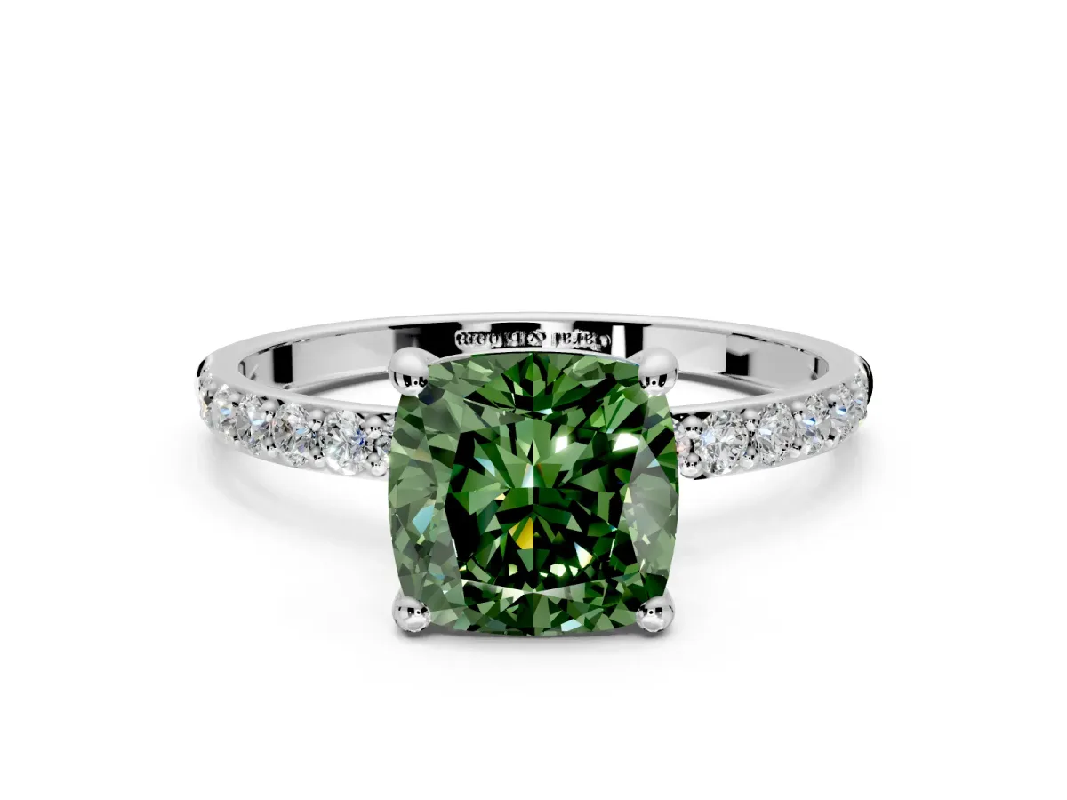 Solitaire Engagement Ring Setting for Fancy Green Cushion Cut Center with Pave Accents and Prong Head in Platinum