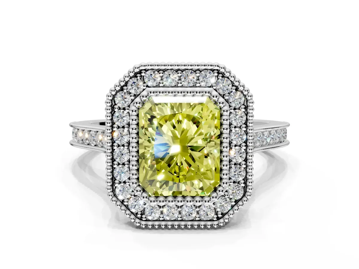 Halo Engagement Ring Setting for Fancy Yellow Radiant Cut Center with Milgrain Frame, Pave Band and Prong Head in White Gold