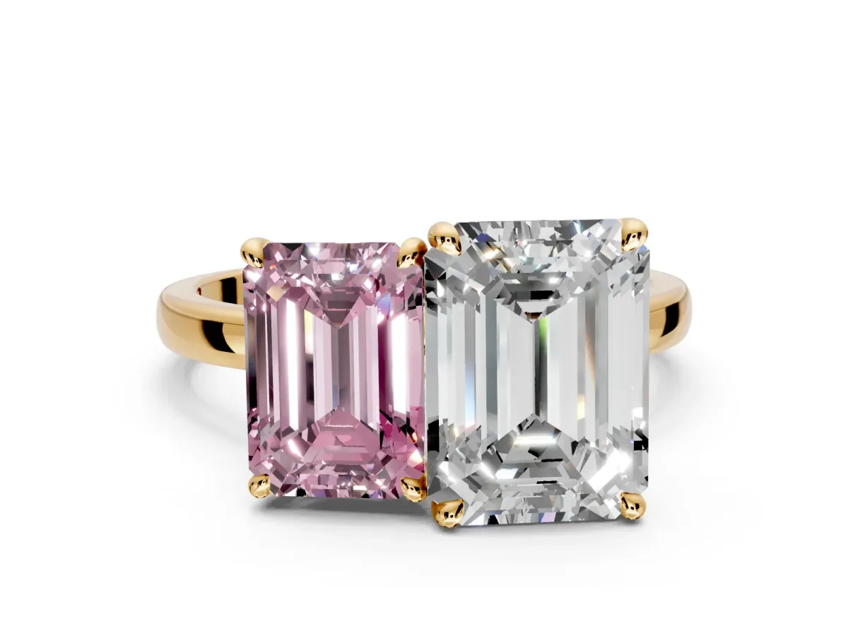 Fancy Pink Emerald Cut and Emerald Cut Lab-Grown Diamond Toi et Moi Engagement Ring with Prong-Set Stones in Yellow Gold