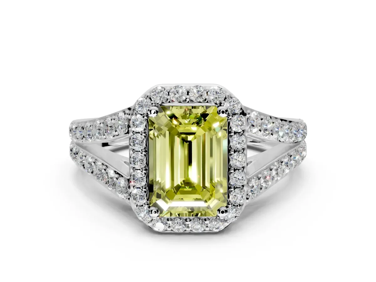Halo Engagement Ring Setting for Fancy Yellow Emerald Cut Center with Narrow Pave Split Shank and Prong Head in Platinum