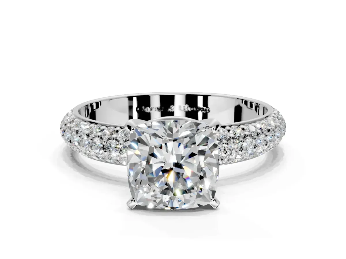 Solitaire Engagement Ring Setting for Cushion Cut Center with Domed Multi-Row Pave Band and Prong Head in Platinum