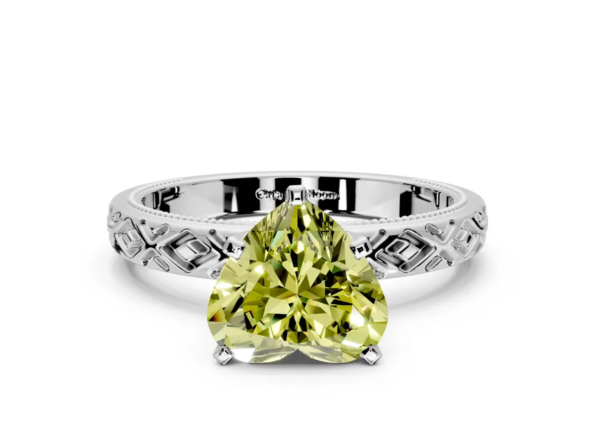 Solitaire Engagement Ring Setting for Fancy Yellow Heart-Shaped Center with Milgrain X Pattern Band and Prong Head in Platinum