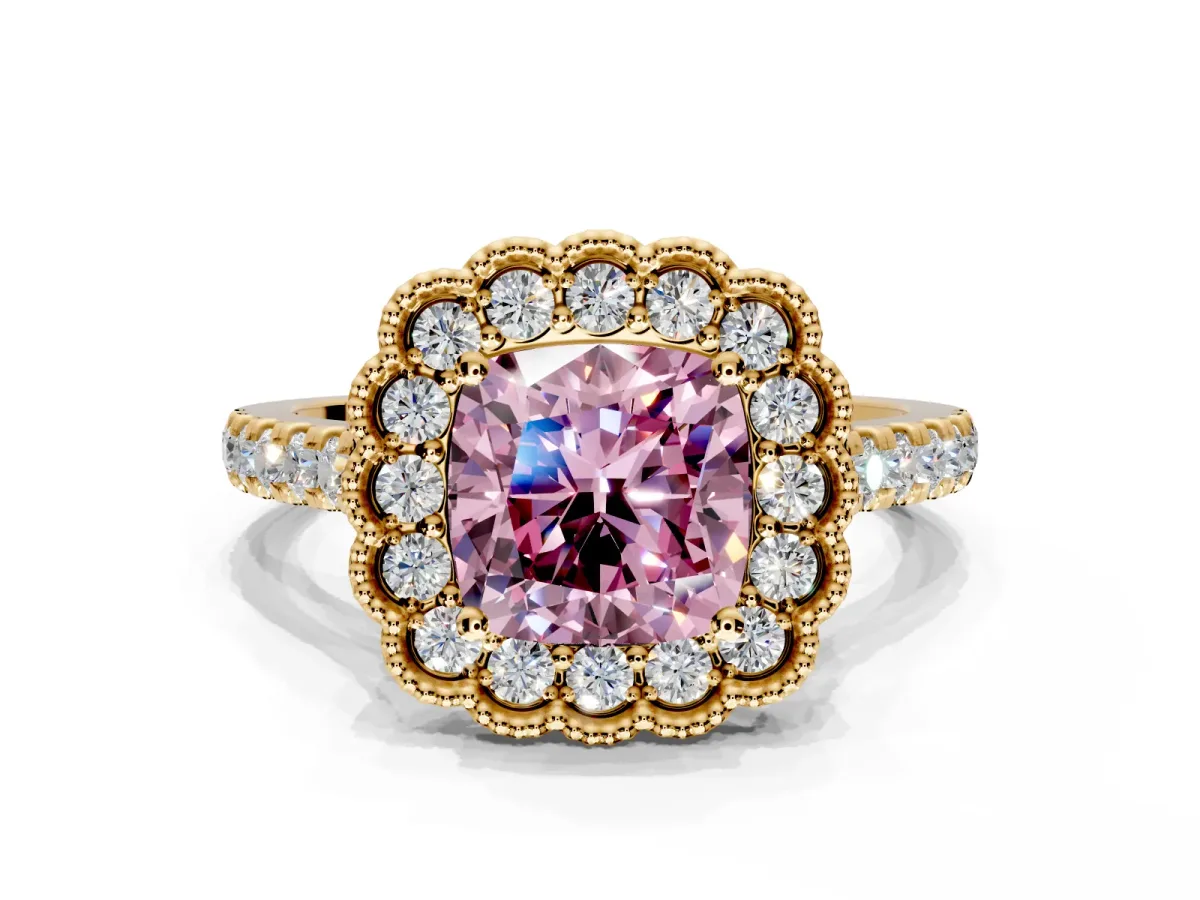 Milgrain Floral Halo Engagement Ring Setting for Fancy Pink Cushion Cut Center with Pave Band and Prong Head in Yellow Gold