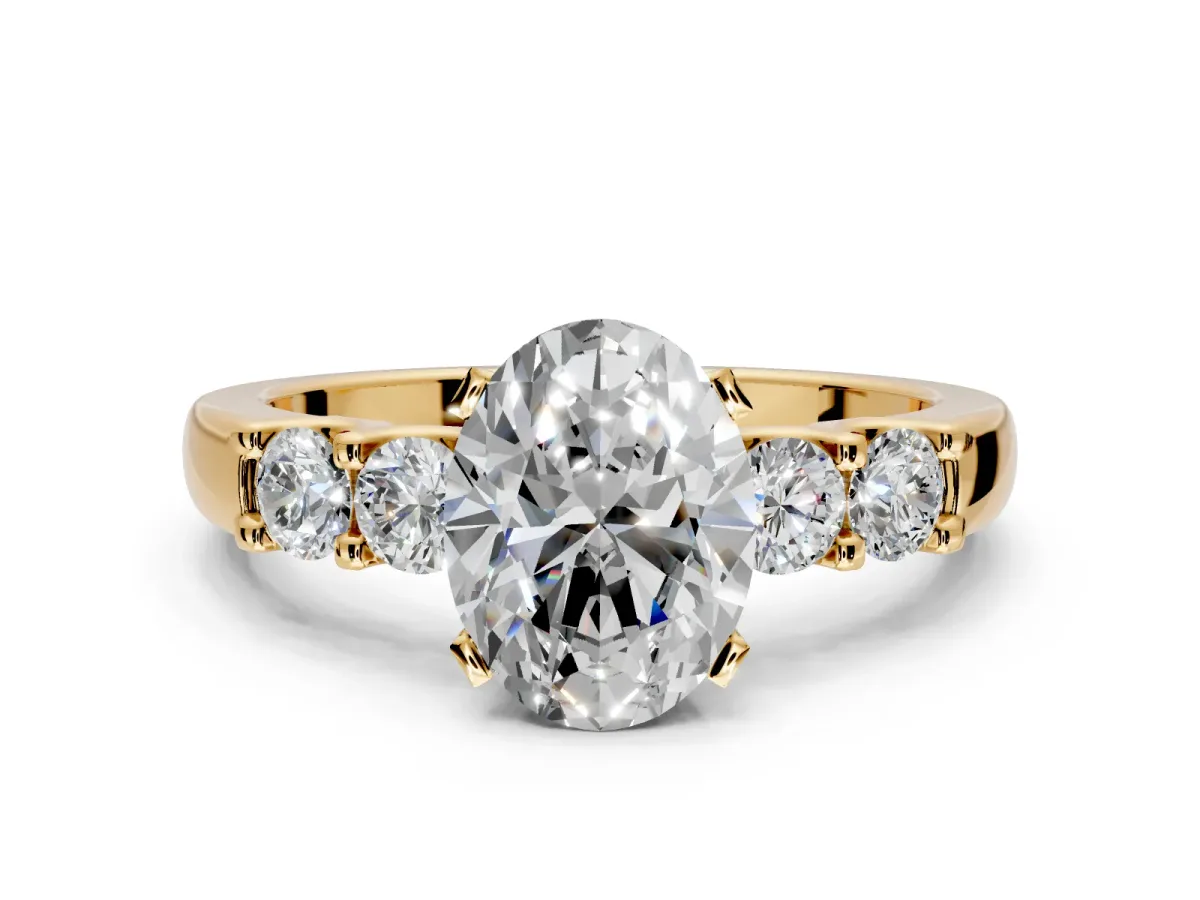 5 Stone Engagement Ring Setting for Oval Center with Plain Band and Prong Head in Yellow Gold