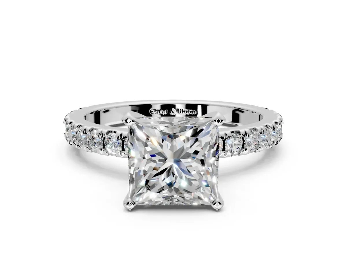 Solitaire Engagement Ring Setting for Princess Cut Center with Fine Pave Band and Claw Prong Head in Sterling Silver